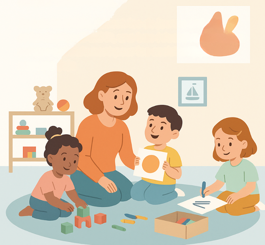 Illustration d’une assistante maternelle animant une activité créative avec trois enfants en bas âge, dans un espace de jeu calme et coloré, représentant la box éducative mensuelle ActiKit.