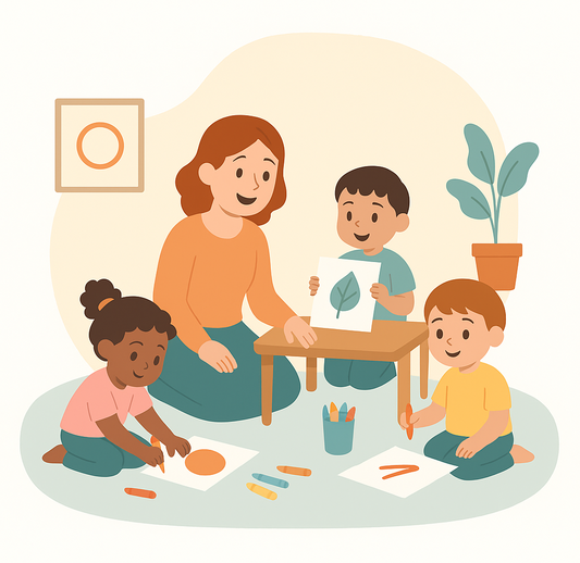 Illustration d’une assistante maternelle entourée de trois jeunes enfants en activité artistique, dans un espace d’accueil chaleureux et adapté à la petite enfance.