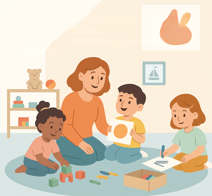 Illustration d’une assistante maternelle animant une activité créative avec trois enfants en bas âge, dans un espace de jeu calme et coloré, représentant la box éducative mensuelle ActiKit.