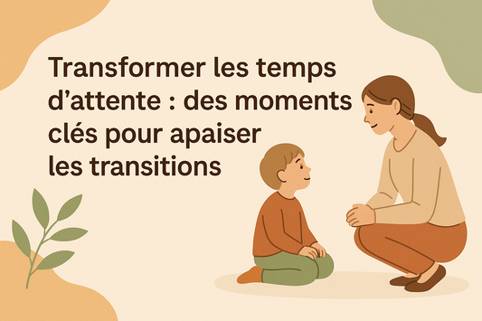 Bannière illustrée montrant un enfant et un adulte en posture d’accompagnement, avec le titre “Transformer les temps d’attente : des moments clés pour apaiser les transitions”.