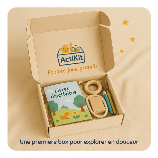 Box éducative ActiKit avec livret d’activités, matériel pédagogique et surprise bien-être pour assistant(e) maternel(le)