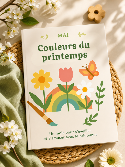 Livret pédagogique printemps “Couleurs du printemps” ActiKit avec illustration fleurs arc-en-ciel et papillon, activités pour enfants de moins de 3 ans